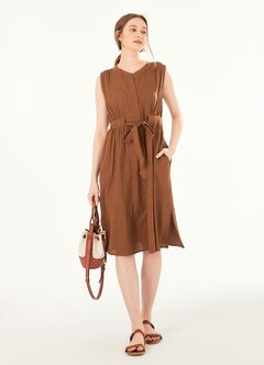 Button-through S/L Maternity & Nursing Dress, Brown, hi-res