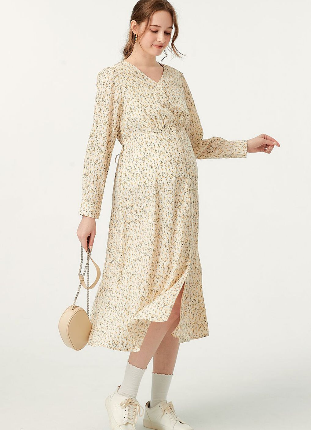 Floral Print V-Neck Maternity & Nursing Dress, Cream, hi-res image number 3