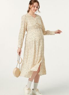 Floral Print V-Neck Maternity & Nursing Dress, Cream, hi-res