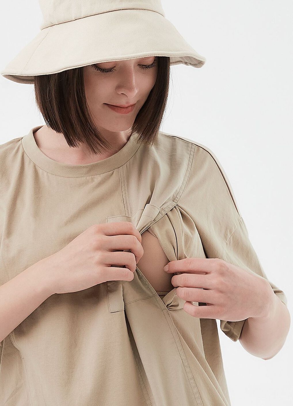 Blend Short Sleeve Maternity & Nursing Top, Khaki, hi-res image number 1