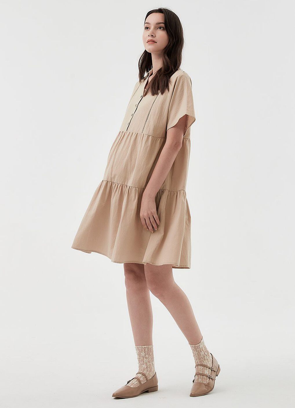 Cotton Maternity & Nursing Short Sleeve Tiered Dress, Khaki, hi-res image number 4