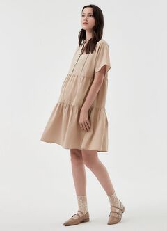 Cotton Maternity & Nursing Short Sleeve Tiered Dress, Khaki, hi-res
