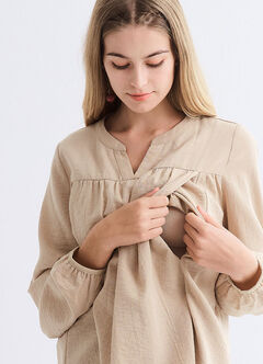 Pleated V-Neck Maternity & Nursing Top, Khaki, hi-res