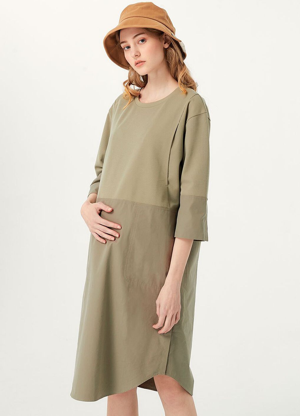 Round Neck Patchwork M&N Dress, Sage Green, hi-res image number 0