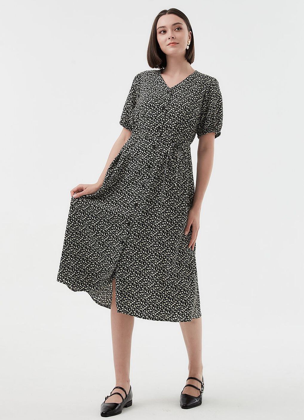 Floral Print Puff Sleeve Maternity & Nursing Dress, Black, hi-res image number 0