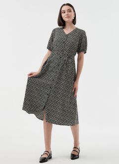 Floral Print Puff Sleeve Maternity & Nursing Dress, Black, hi-res