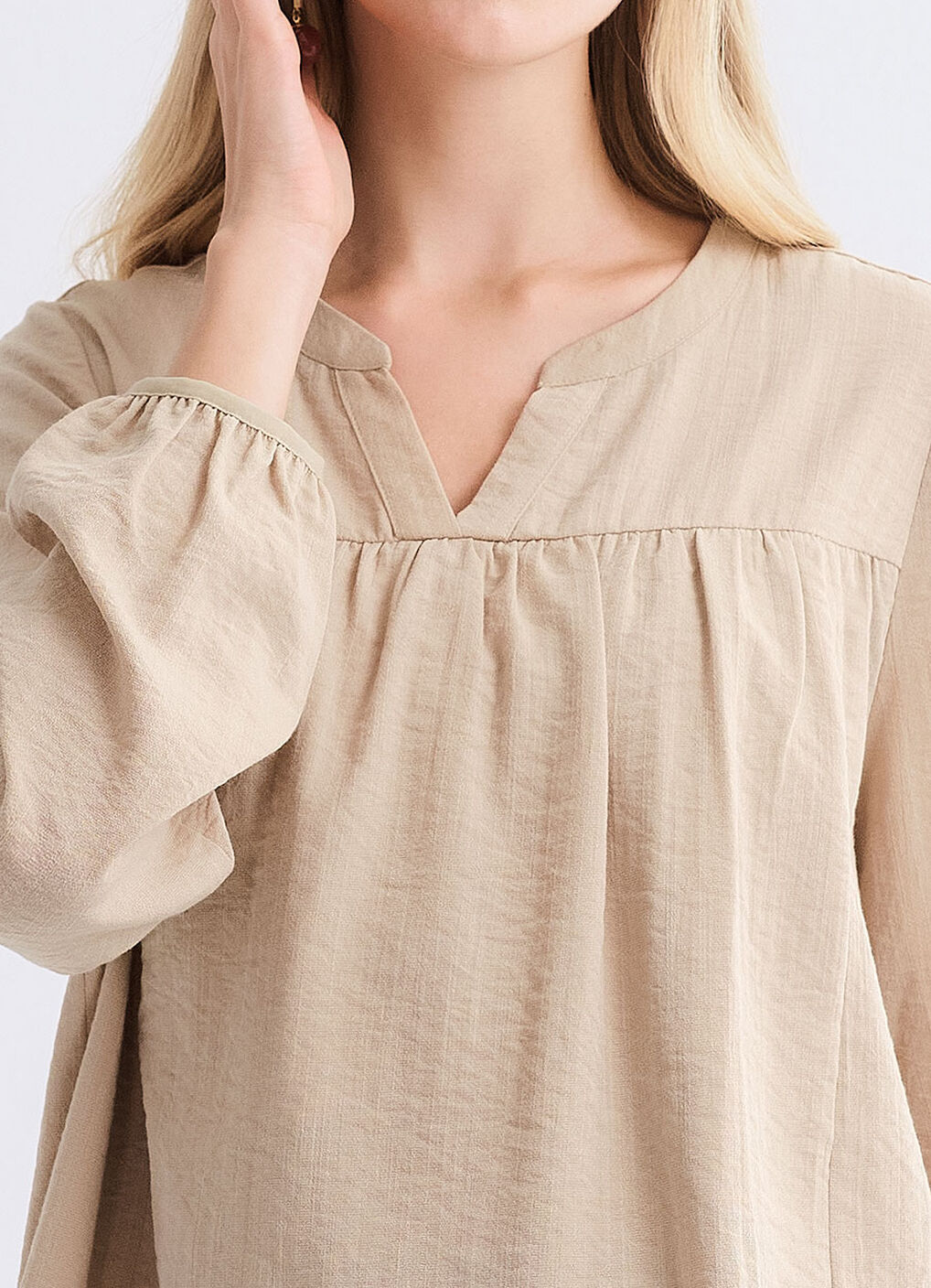 Pleated V-Neck Maternity & Nursing Top, Khaki, hi-res image number 3