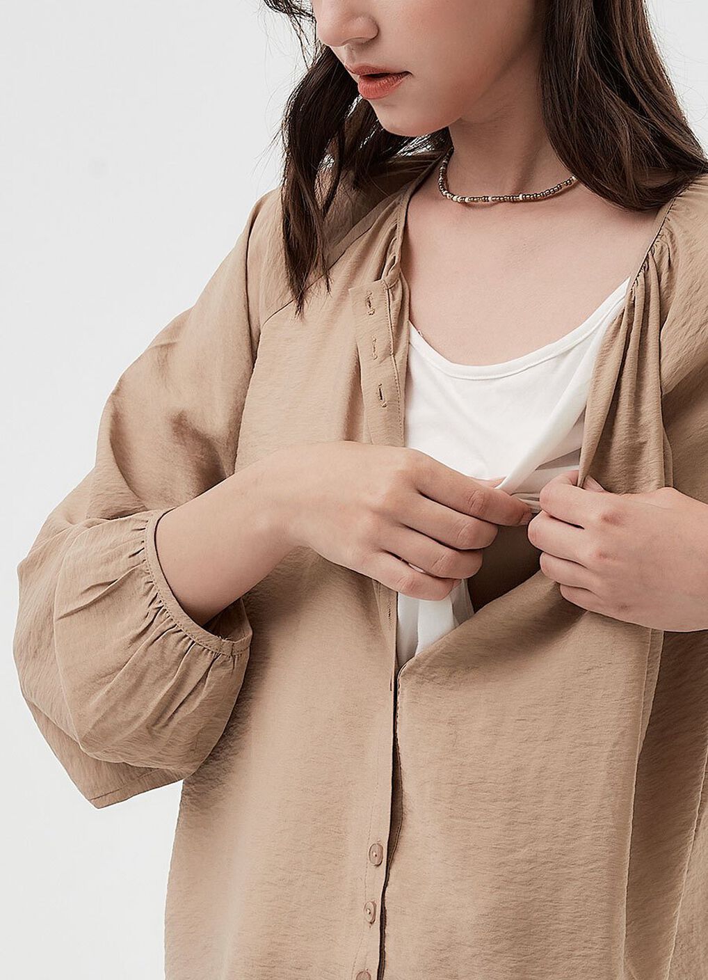 Pleated Round Neck Long Sleeve Maternity & Nursing Blouse, Khaki, hi-res image number 1