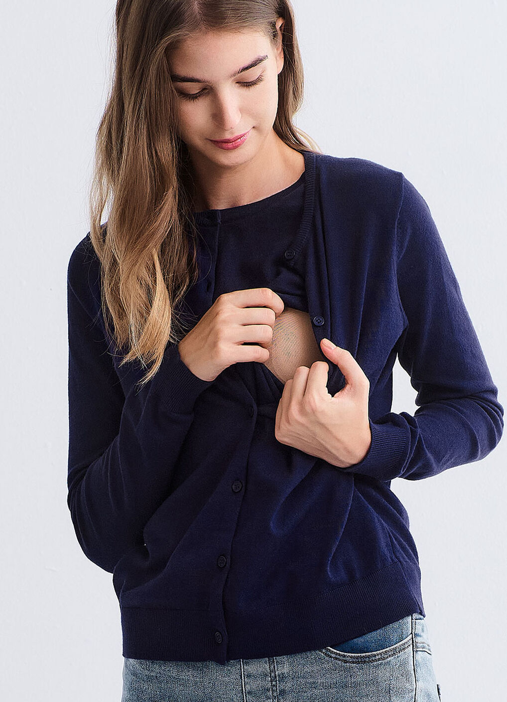 Knitted Crew Neck Maternity & Nursing Cardigan, Navy, hi-res image number 1
