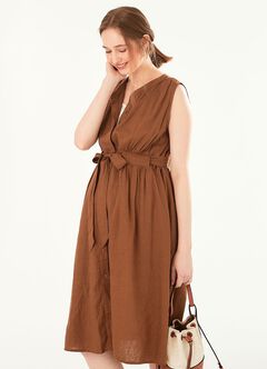Button-through S/L Maternity & Nursing Dress, Brown, hi-res