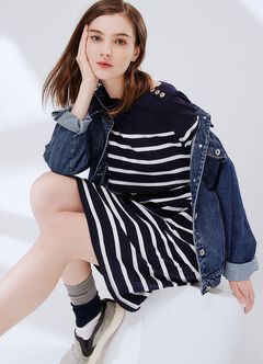 Striped Maternity & Nursing Dress, Navy, hi-res