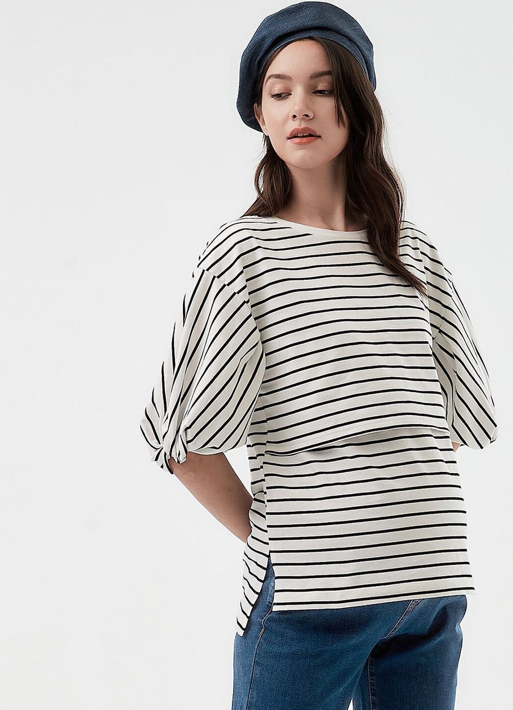 Striped Puff Sleeve Maternity & Nursing Top, White, hi-res image number 2