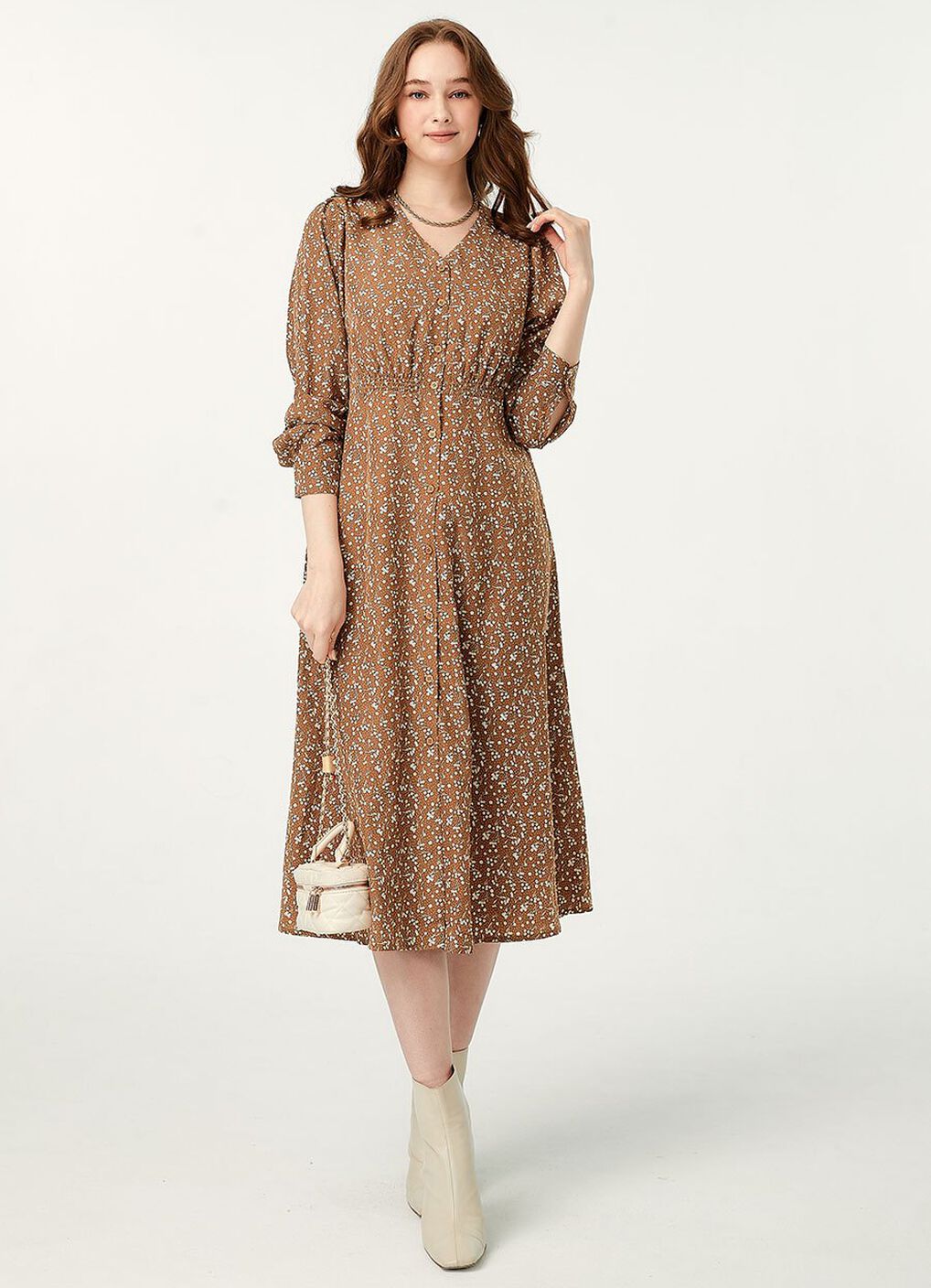 Floral Print V-Neck Maternity & Nursing Dress, Brown, hi-res image number 0