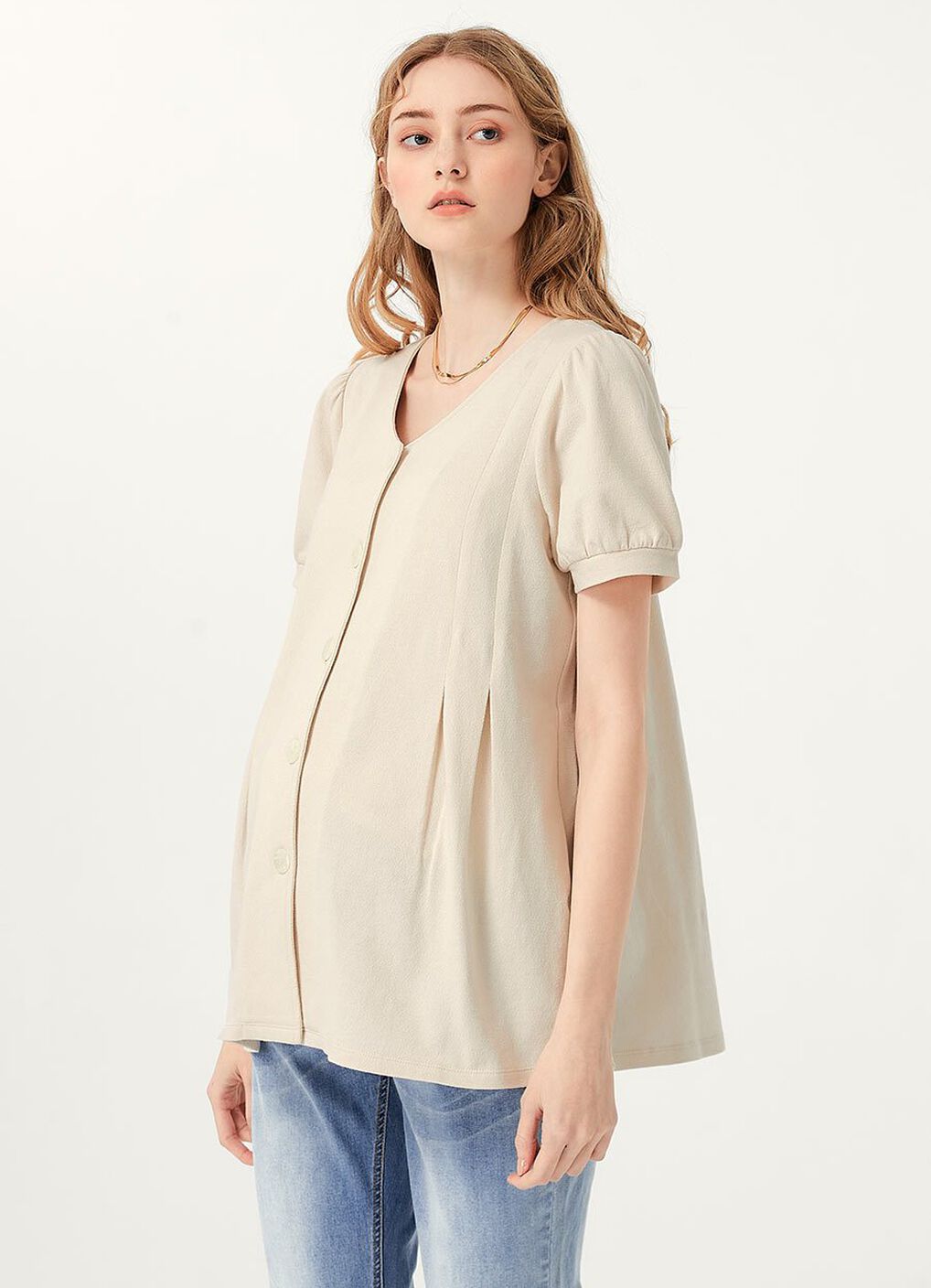 Puff Sleeves Button Down Maternity & Nursing Top, , hi-res image number 3
