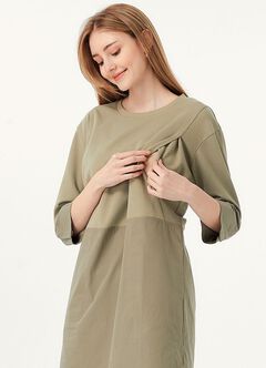 Round Neck Patchwork M&N Dress, Sage Green, hi-res