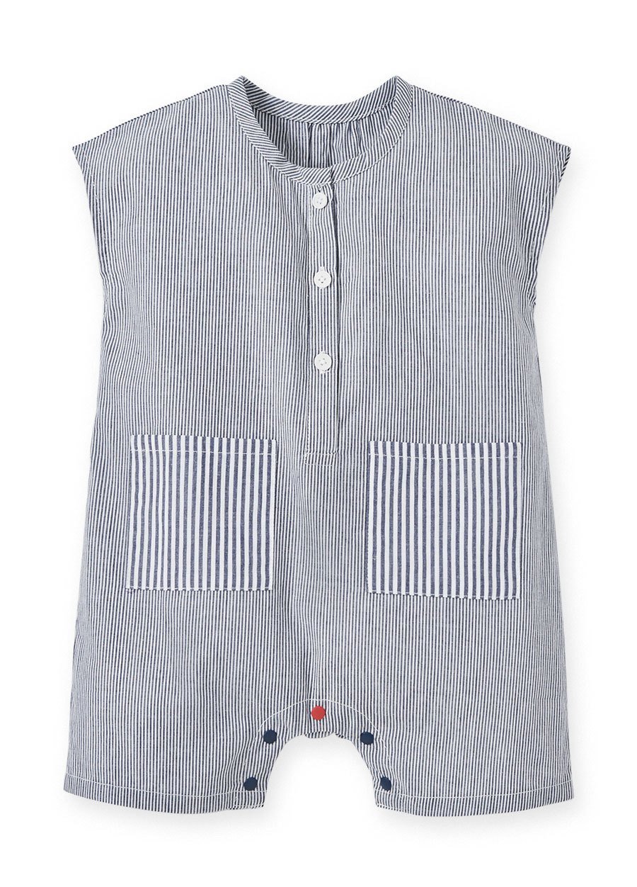 Striped Baby Patch Pocket Romper, Navy, small